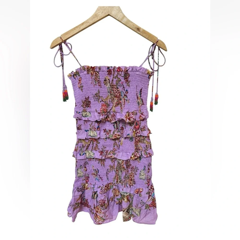 FARM Rio Active Floral Smocked Mini Dress Sz XXS Floral Monkey Lilac - Picture 2 of 6